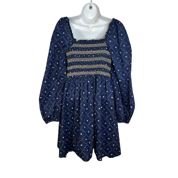 Figue Peony Kizzy Mini Dress Smocked Pom Pom Bandana Print Blue Small - Picture 12 of 13
